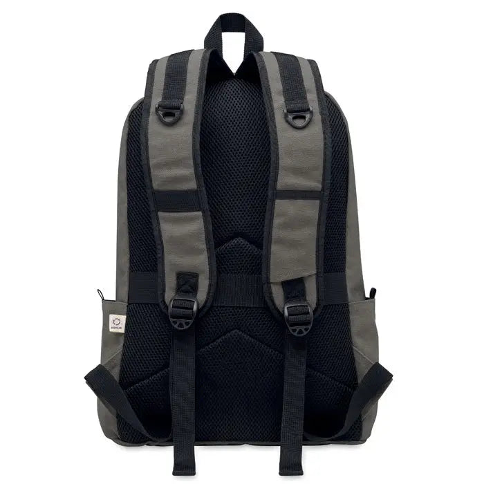 Rucsac pentru laptop de 15 inchi gri si negru cu panou mesh spate bretele reglabile si buzunare laterale
