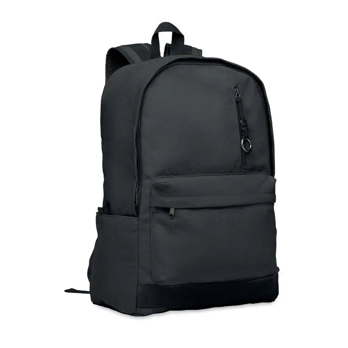 Rucsac pentru laptop de 15 inchi negru din nailon cu buzunar frontal cu fermoar si buzunare laterale