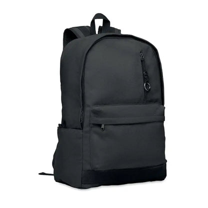 Rucsac pentru laptop de 15 inchi negru din nailon cu buzunar frontal cu fermoar si buzunare laterale
