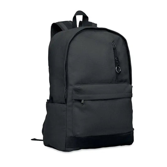 Rucsac pentru laptop de 15 inchi negru din nailon cu buzunar frontal cu fermoar si buzunare laterale