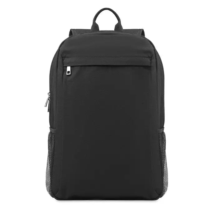 Rucsac pentru laptop de 15 inchi din nylon negru cu buzunare laterale din plasă și fermoare argintii