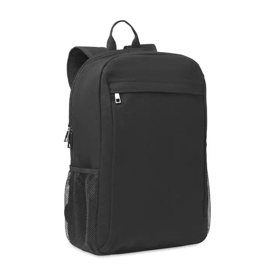 Rucsac pentru laptop de 15 inchi din nylon negru cu buzunare laterale plasa si compartiment frontal fermoar