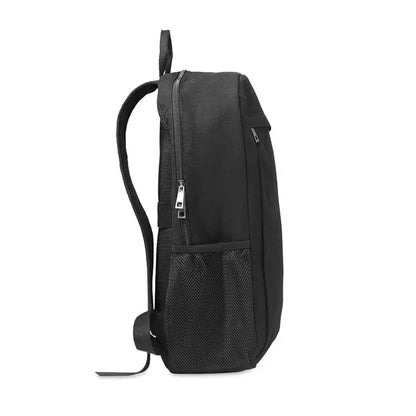 Rucsac pentru laptop de 15 inchi negru din nylon cu buzunar mesh pe lateral si fermoare argintii
