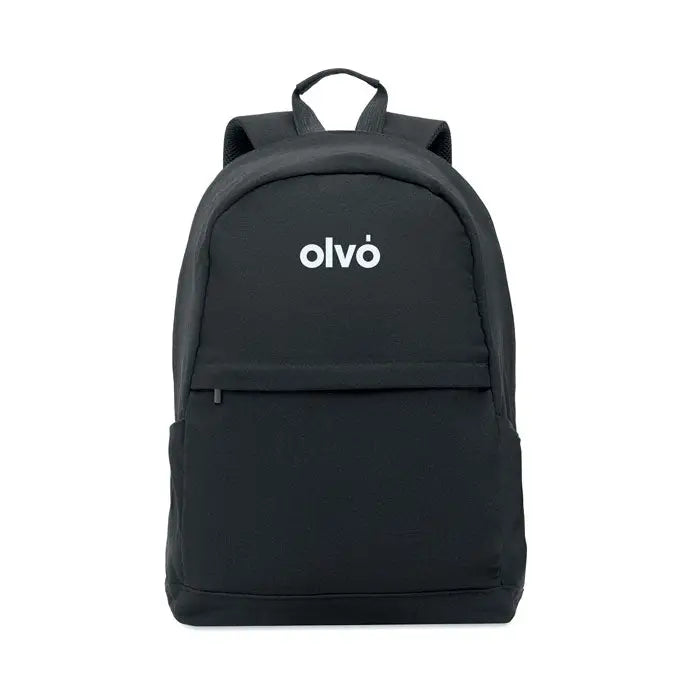 Rucsac pentru laptop de 15 inchi negru olvo cu logo alb si buzunar frontal cu fermoar