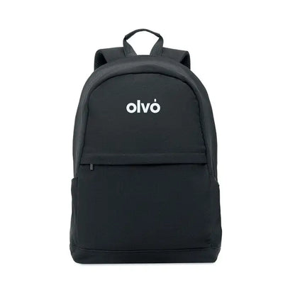 Rucsac pentru laptop de 15 inchi negru olvo cu logo alb si buzunar frontal cu fermoar