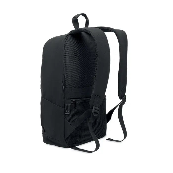 Rucsac pentru laptop de 15 inchi negru cu panou spate din plasă și bretele reglabile văzut din spate