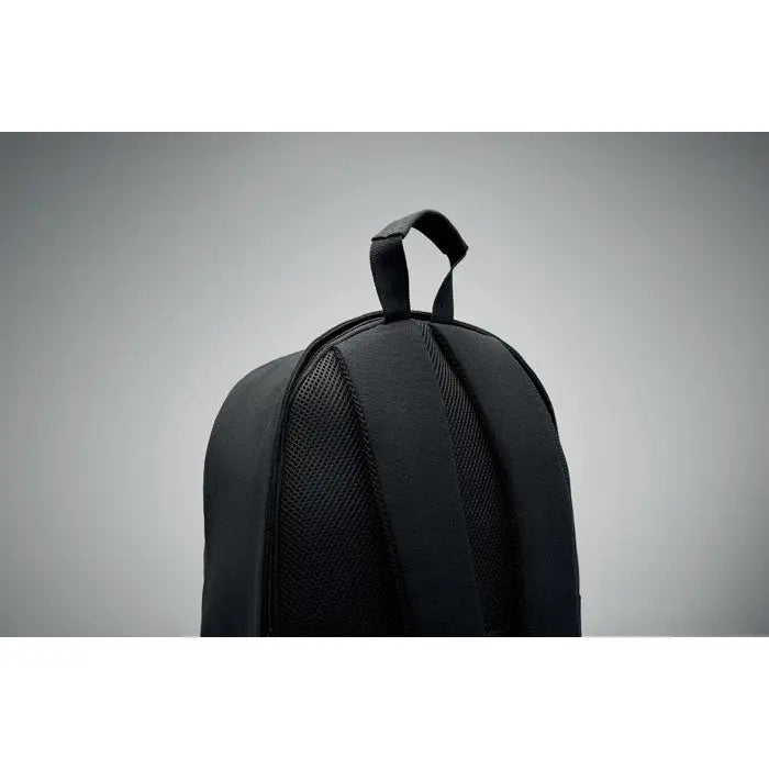 Rucsac pentru laptop de 15 inchi negru cu panouri din plasă și mâner superior văzut din spate
