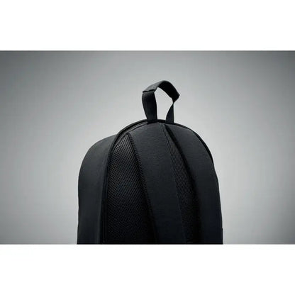 Rucsac pentru laptop de 15 inchi negru cu panouri din plasă și mâner superior văzut din spate