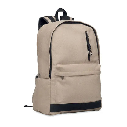 Rucsac pentru laptop de 15 inchi din pânză bej cu margini și fermoare negre ideal pentru uz zilnic