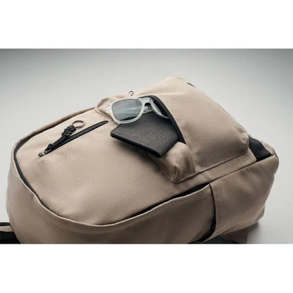 Rucsac pentru laptop de 15 inchi din pânză bej cu fermoar negru și buzunar frontal cu ochelari și portofel gri închis