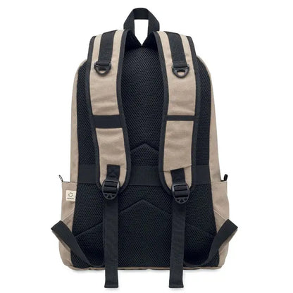 Rucsac pentru laptop de 15 inchi bej din panza cu spate si bretele din plasa neagra vazut din spate