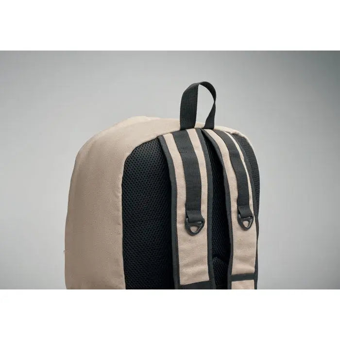 Rucsac pentru laptop de 15 inch bej din pânză cu panou spate din plasă neagră și bretele dungi