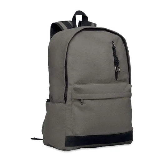 Rucsac pentru laptop de 15 inchi gri din pânză cu fermoare și margini negre