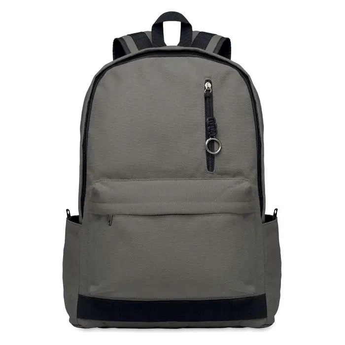 Rucsac pentru laptop de 15 inchi gri din pânză cu margini negre și fermoar cu snur împletit