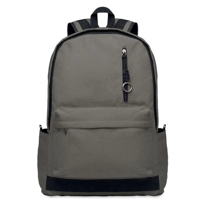 Rucsac pentru laptop de 15 inchi gri din pânză cu margini negre și fermoar cu snur împletit