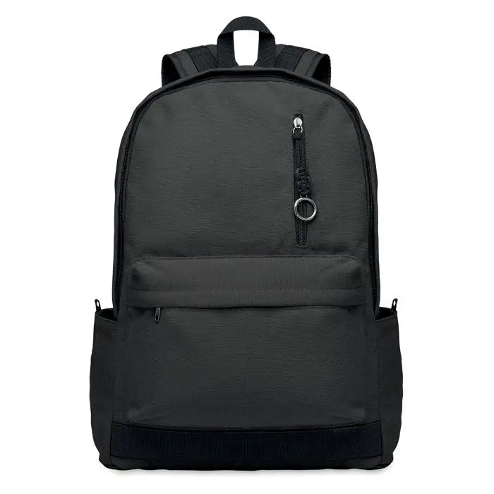 Rucsac pentru laptop de 15 inchi din panza neagra cu buzunar frontal si buzunare laterale