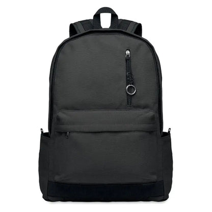 Rucsac pentru laptop de 15 inchi din panza neagra cu buzunar frontal si buzunare laterale