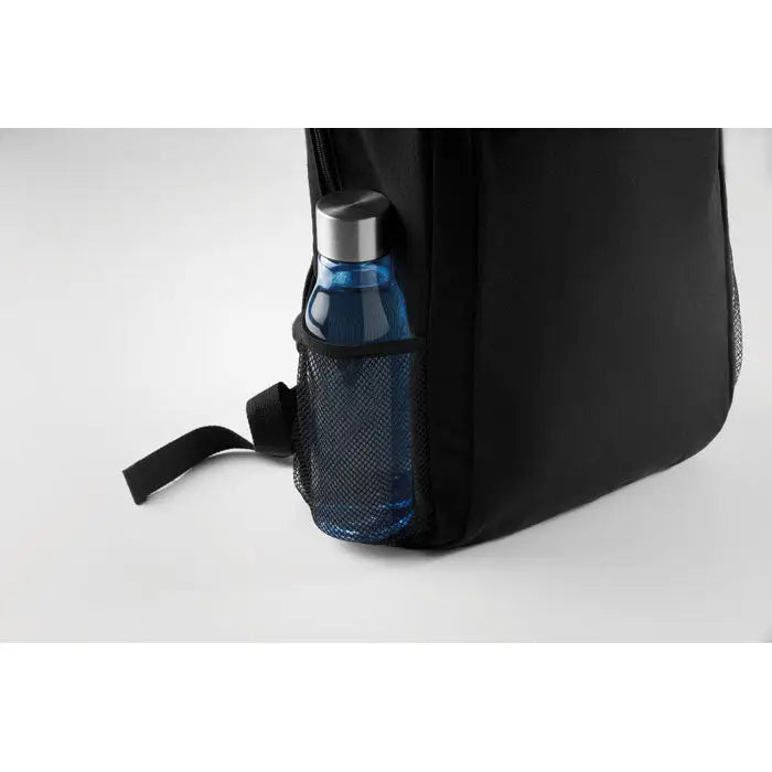 Rucsac pentru laptop de 15 inchi cu sticla albastra cu capac argintiu in buzunar lateral din plasa neagra