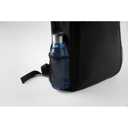 Rucsac pentru laptop de 15 inchi cu sticla albastra cu capac argintiu in buzunar lateral din plasa neagra