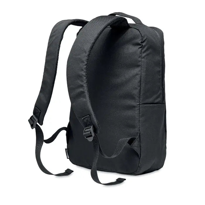 Rucsac pentru laptop din 300d rpet negru cu bretele reglabile si design minimalist aratat pe spate