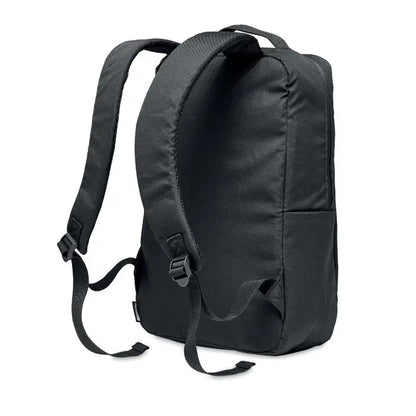 Rucsac pentru laptop din 300d rpet negru cu bretele reglabile si design minimalist aratat pe spate