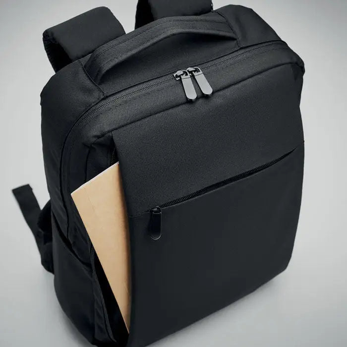 Rucsac pentru laptop din 300d rpet negru din nailon cu design minimalist si fermoare argintii elegante