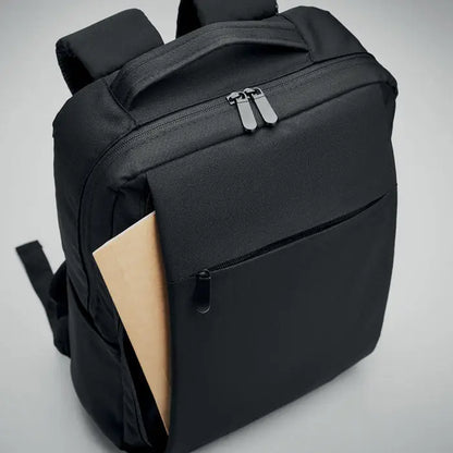 Rucsac pentru laptop din 300d rpet negru din nailon cu design minimalist si fermoare argintii elegante