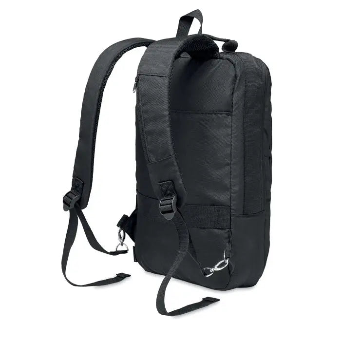 Rucsac pentru laptop negru din 300d rpet cu bretele reglabile si maner superior, vedere din spate