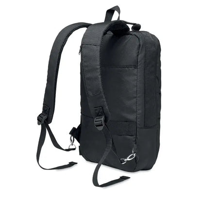 Rucsac pentru laptop negru din 300d rpet cu bretele reglabile si maner superior, vedere din spate