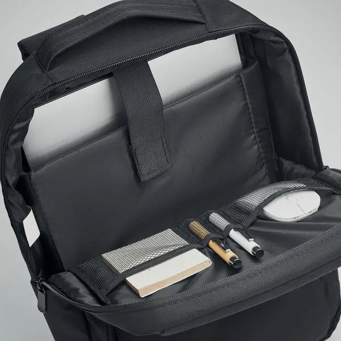 Rucsac pentru laptop negru din 300d rpet cu compartimente interioare pentru pixuri mouse si rechizite