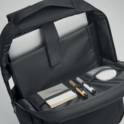Rucsac pentru laptop negru din 300d rpet cu compartimente interioare pentru pixuri mouse si rechizite