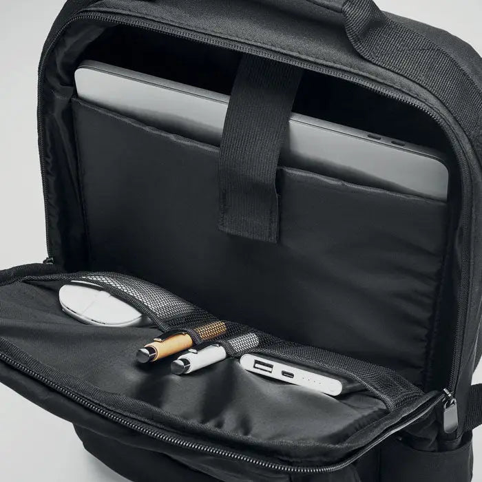 Rucsac pentru laptop negru din 300d rpet cu compartimente căptușite și buzunare din plasă