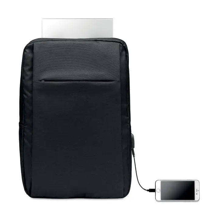Rucsac pentru laptop negru din 300D RPET cu design minimalist si port usb integrat pentru incarcare convenabila