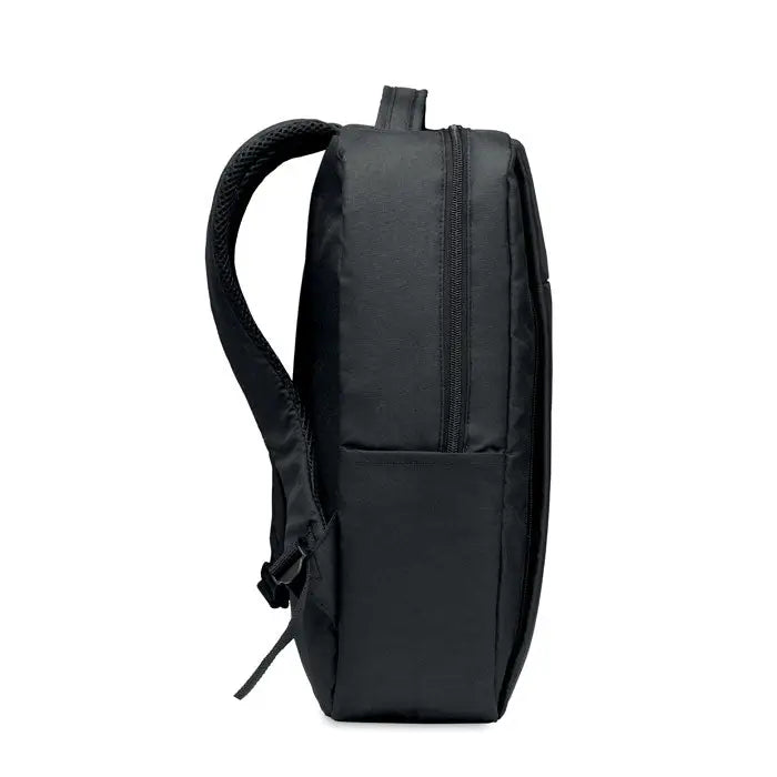 Rucsac pentru laptop negru din 300d rpet cu bretele din plasa si buzunar frontal inchis cu fermoar