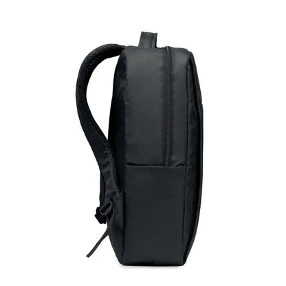 Rucsac pentru laptop negru din 300d rpet cu bretele din plasa si buzunar frontal inchis cu fermoar