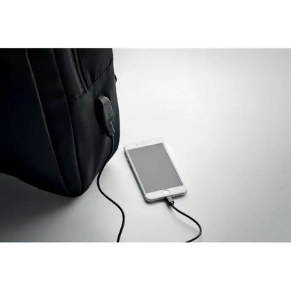 Rucsac pentru laptop negru din 300d rpet cu port usb integrat si detaliu fermoar, vedere din spate
