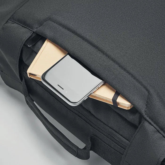 Rucsac pentru laptop negru din material texturat 300d rpet cu design minimalist si elegant