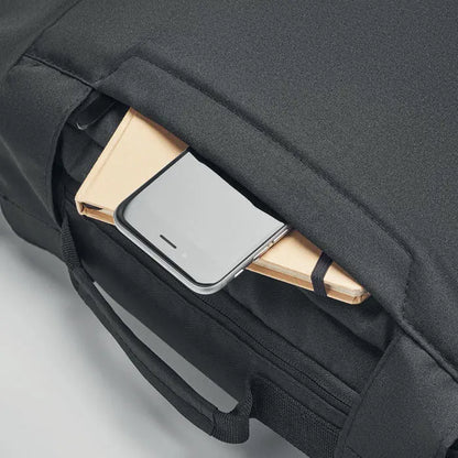 Rucsac pentru laptop negru din material texturat 300d rpet cu design minimalist si elegant