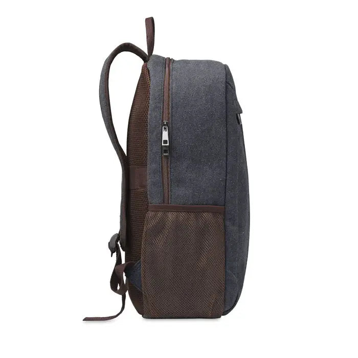 Rucsac pentru laptop din panza gri inchis cu accente din plasa maro si curele din piele ecologica