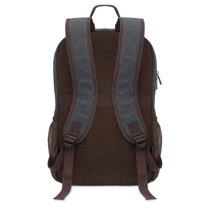 Rucsac pentru laptop din pânză maro și gri cu bretele din material textil și plasă