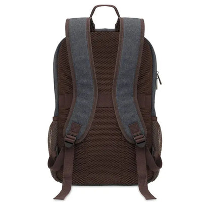 Rucsac pentru laptop din pânză maro și gri cu bretele din material textil și plasă