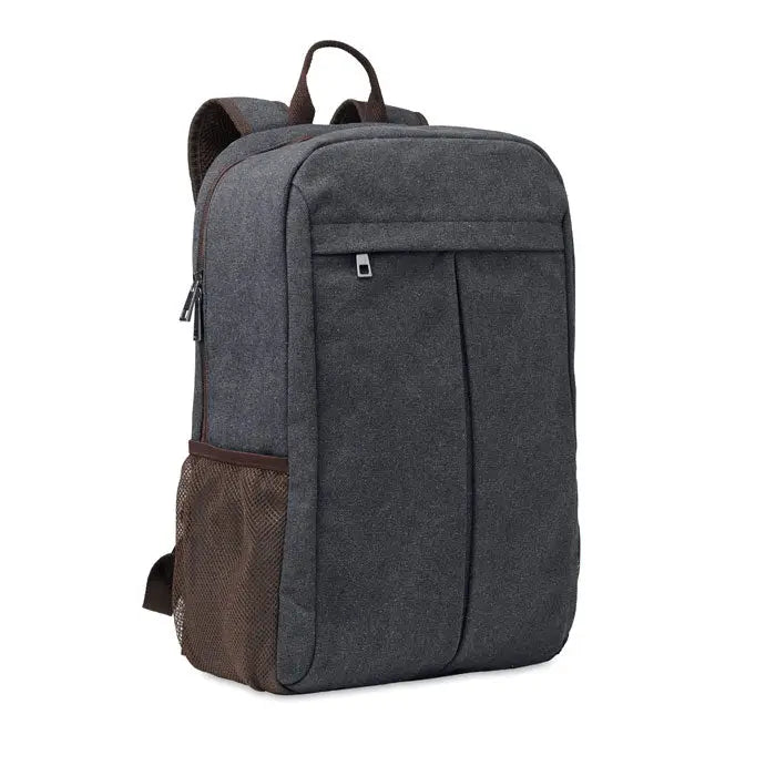Rucsac pentru laptop din panza gri inchis cu buzunar lateral din plasa maro si bretele asortate