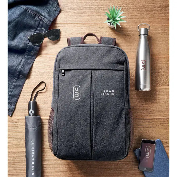 Rucsac pentru laptop din panza cu design minimalist si accente maro pentru biciclisti urbani gri inchis