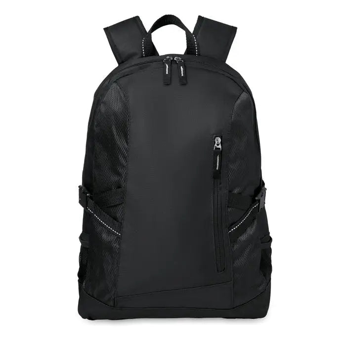 Rucsac pentru laptop din poliester negru cu buzunare laterale din plasa si bretele intarite