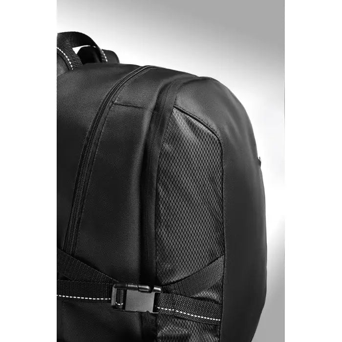 Rucsac pentru laptop negru din poliester cu panou de plasa si detalii albe cusute