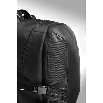 Rucsac pentru laptop negru din poliester cu panou de plasa si detalii albe cusute