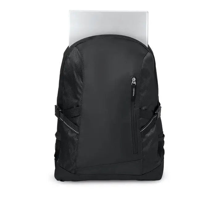 Rucsac pentru laptop din poliester negru cu plasă și nailon cu fermoare argintii
