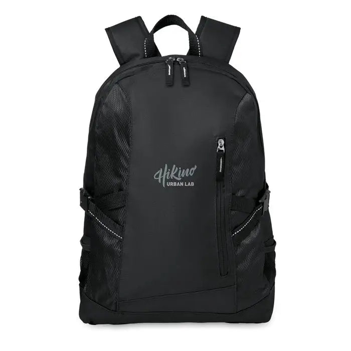 Rucsac pentru laptop din poliester negru hikind urban lab cu panouri laterale din plasa si logo discret pe fata