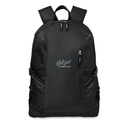 Rucsac pentru laptop din poliester negru hikind urban lab cu panouri laterale din plasa si logo discret pe fata
