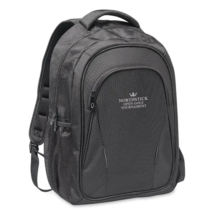 Rucsac pentru laptop negru din nylon cu textura subtila si logo brodat northstick open golf tournament pe panoul frontal